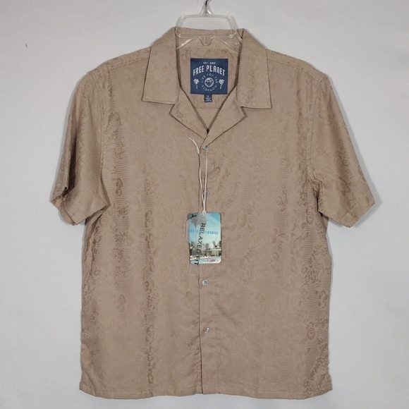 NWT Free Planet Men's Casual Oxford Tan Button Down Shirt Size Small Cotton - Picture 1 of 11